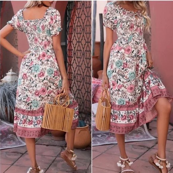 Boho Floral Print Puff Sleeve Dress - Picture 6 of 6
